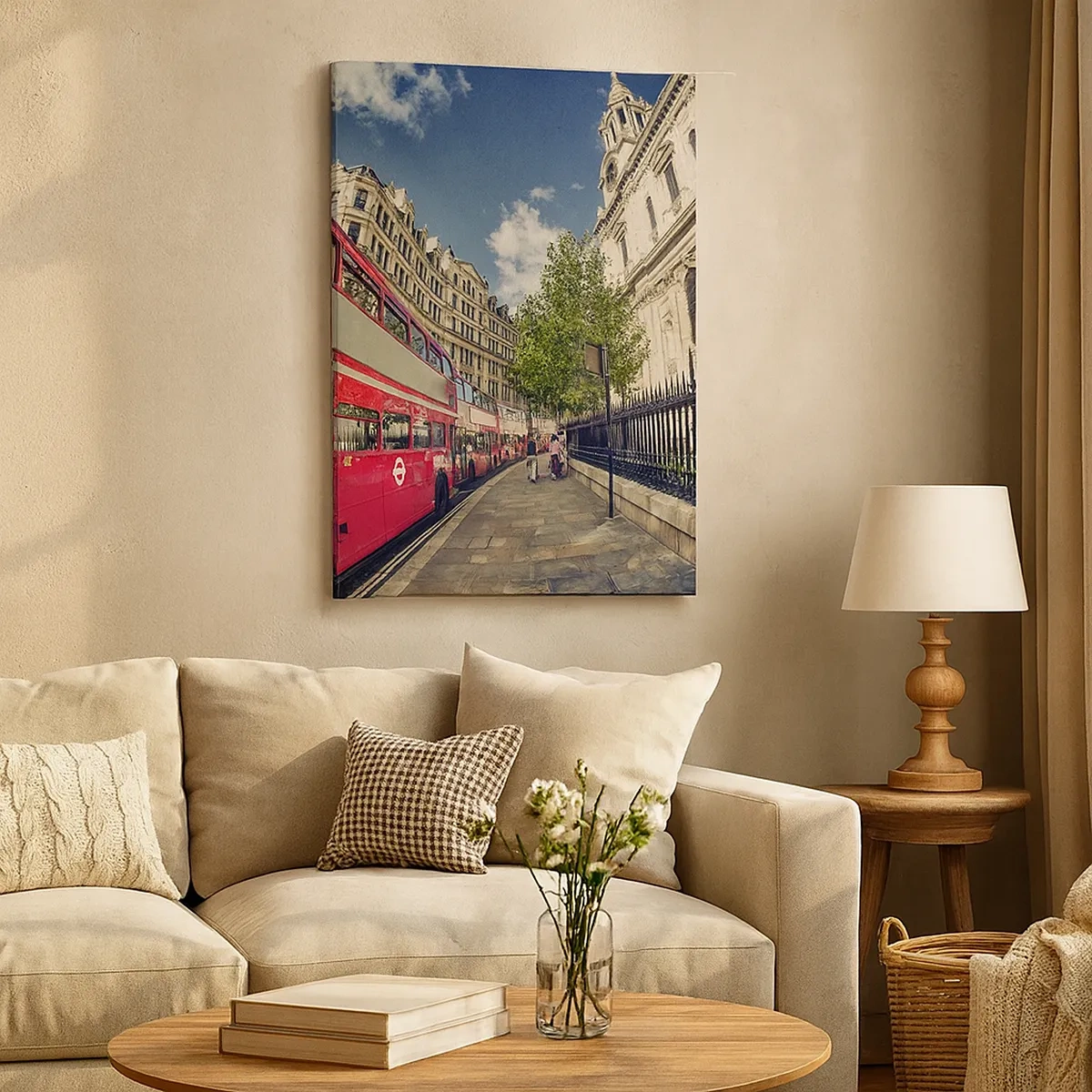 Impression sur toile - Image sur toile - Bus rouge à impériale à Londres près de la rue et de la cathédrale - 50x70cm - Rue de Londres en gris et rouge - Décoration murale moderne pour le salon et la chambre ARTTOR