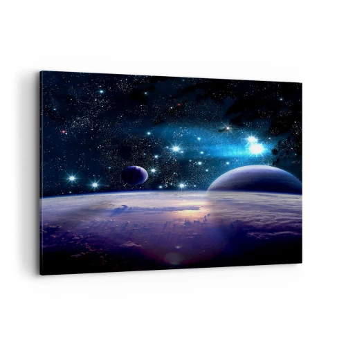 Impression sur toile - Image sur toile - Une vue de l'espace avec des planètes et des étoiles - 100x70cm - Toujours seul? - Décoration murale moderne pour le salon et la chambre ARTTOR