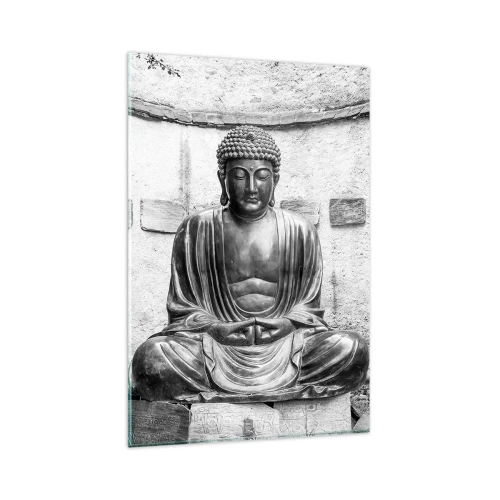 Impression sur verre - Image sur verre - Statue de Bouddha noir et blanc dans une pose méditative - 80x120cm - A la source de la paix - Décoration murale moderne pour le salon et la chambre ARTTOR