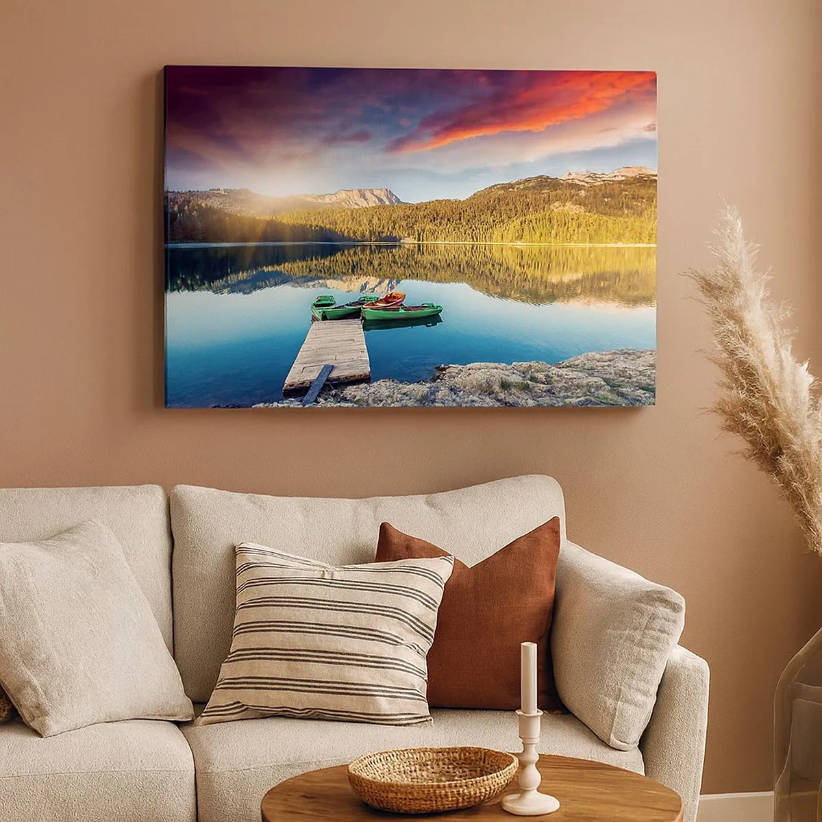Impression sur toile - Image sur toile - Coucher de soleil sur le lac avec des bateaux à l'embarcadère - 70x50cm - Aussi lisse qu'un miroir au-dessus de l'eau - Décoration murale moderne pour le salon et la chambre ARTTOR