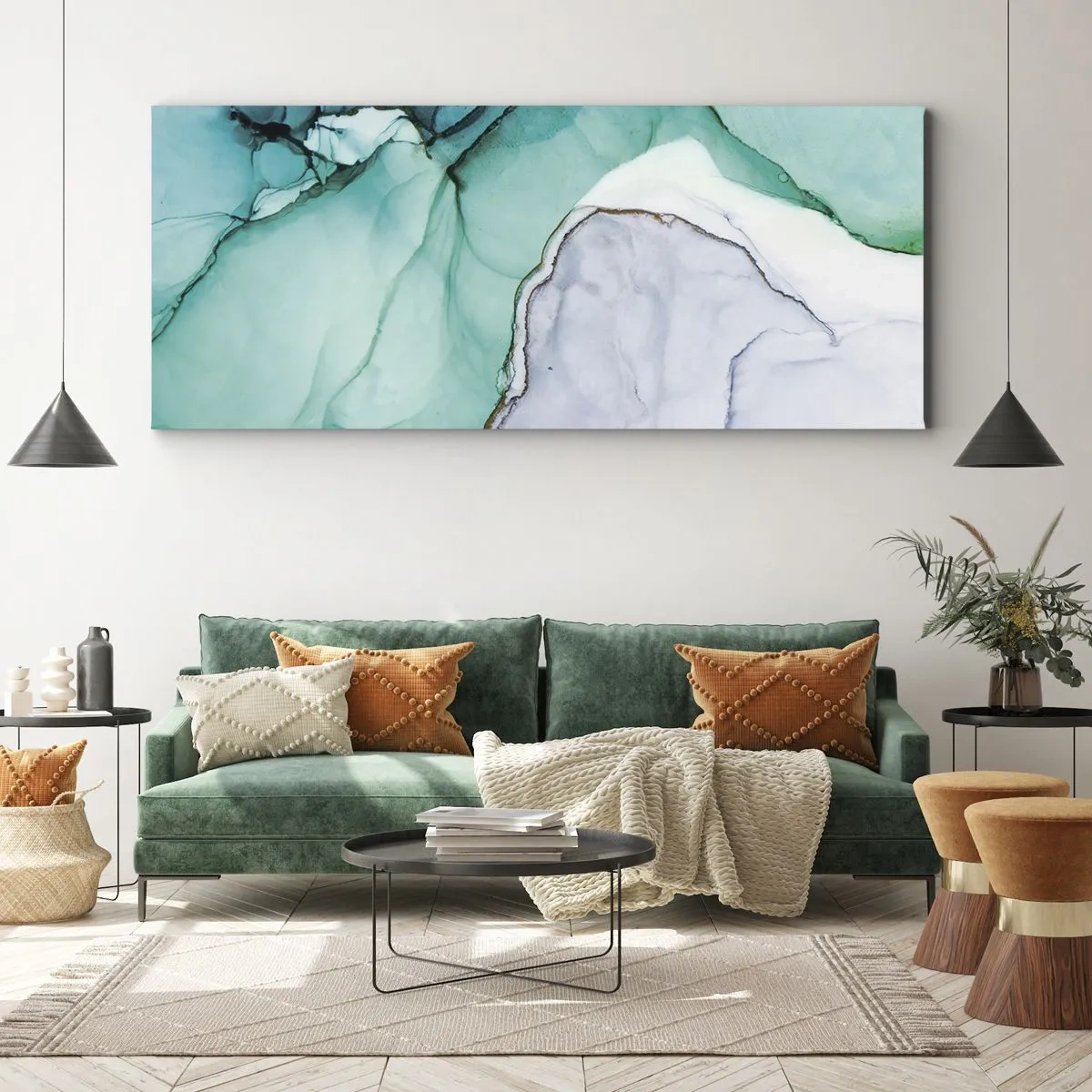 Impression sur toile - Image sur toile - Motif abstrait dans les tons turquoise et blanc - 140x50cm - Étude de turquoise - Décoration murale moderne pour le salon et la chambre ARTTOR