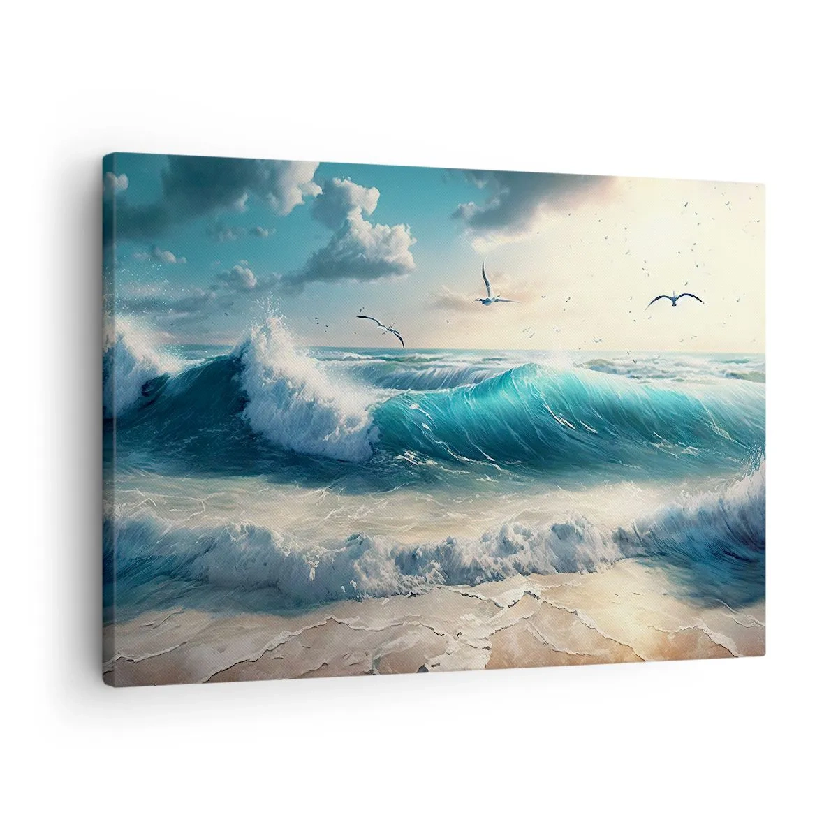 Impression sur toile - Image sur toile - Vagues de la mer sur la plage sous un ciel bleu avec des mouettes - 70x50cm - Ça bourdonne seulement pour toi - Décoration murale moderne pour le salon et la chambre ARTTOR