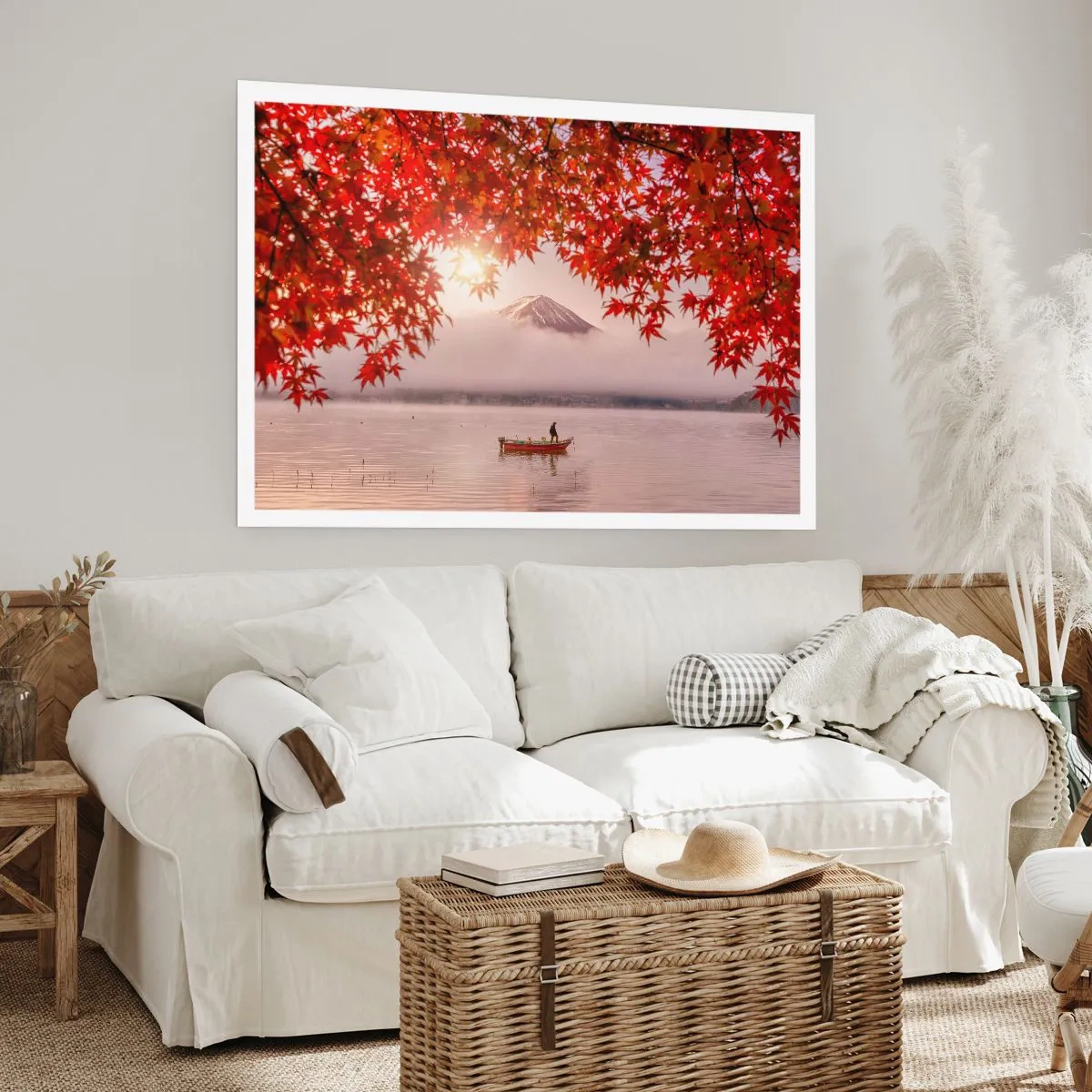 Affiche - Poster - Un bateau sur un lac entouré de feuilles d'érable rouges - 100x70cm - Dans le climat japonais - Décoration murale moderne pour le salon et la chambre ARTTOR