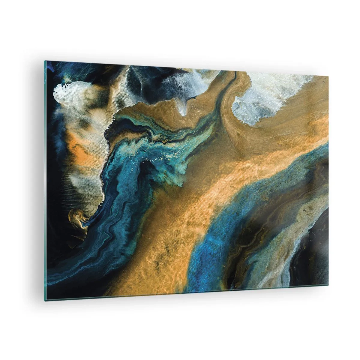Impression sur verre - Image sur verre - Composition abstraite dans les tons bleu et or - 70x50cm - Bleu - jaune - influences mutuelles - Décoration murale moderne pour le salon et la chambre ARTTOR
