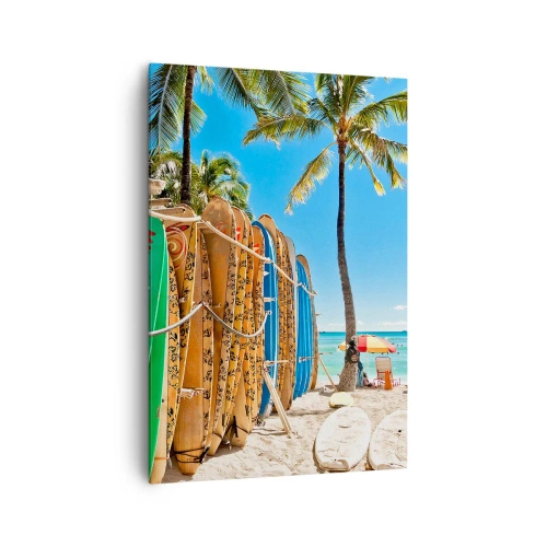 Impression sur toile - Image sur toile - Planches de surf sur une plage avec des palmiers - 70x100cm - Jeux ensoleillés - Décoration murale moderne pour le salon et la chambre ARTTOR