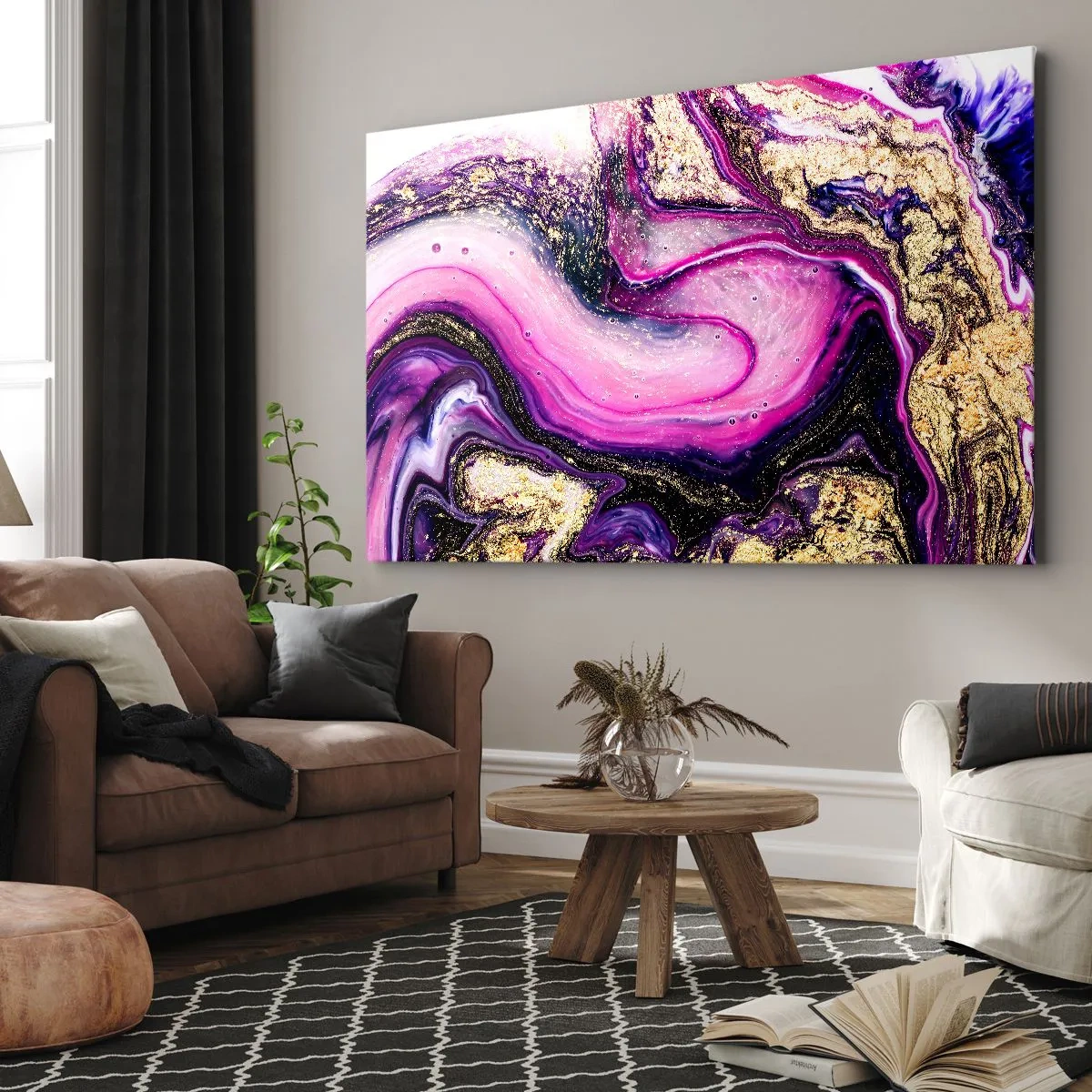 Impression sur toile - Image sur toile - Vagues abstraites dans des tons violets et dorés - 100x70cm - Un instant dans les coulisses - Décoration murale moderne pour le salon et la chambre ARTTOR