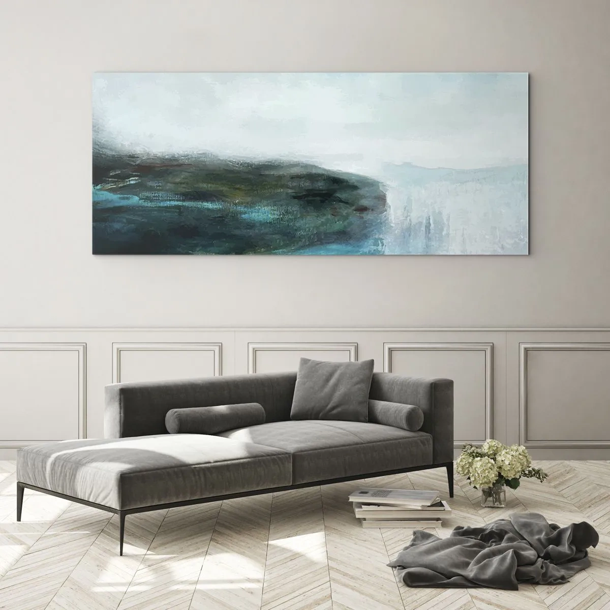 Impression sur verre - Image sur verre - Paysage abstrait dans les tons turquoise et gris - 140x50cm - Abstraction nautique - Décoration murale moderne pour le salon et la chambre ARTTOR