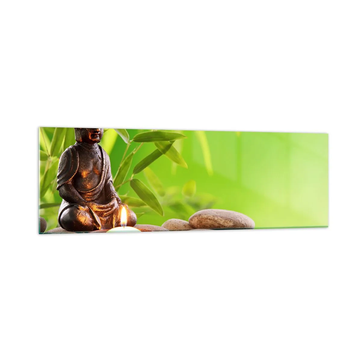 Impression sur verre - Image sur verre - Figure de Bouddha avec des pierres et une bougie sur un fond de bambou - 160x50cm - La vie est belle - Décoration murale moderne pour le salon et la chambre ARTTOR