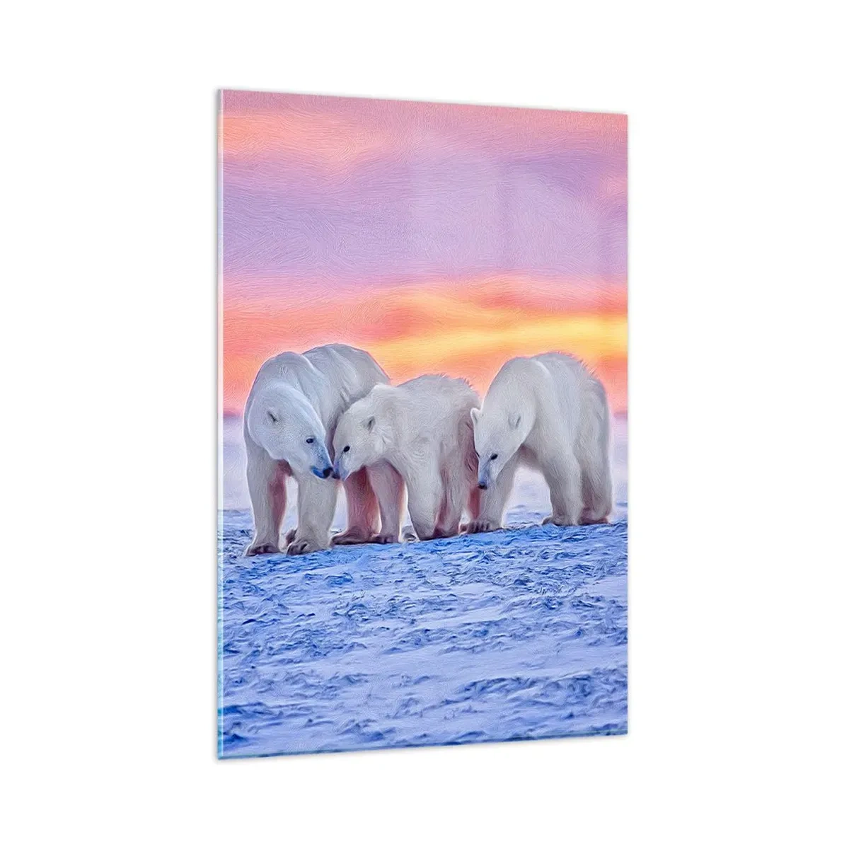 Impression sur verre - Image sur verre - Trois ours polaires sur fond de coucher de soleil arctique - 80x120cm - La chaleur familiale suffit - Décoration murale moderne pour le salon et la chambre ARTTOR