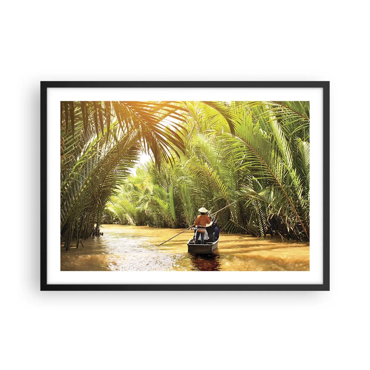 Affiche dans un cadre noir - Poster - Un bateau sur une rivière entourée de végétation tropicale - 70x50cm - Ravin de palmier - Décoration murale moderne pour le salon et la chambre ARTTOR