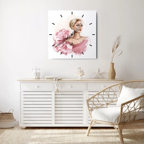 Horloge murale - Pendule murale - Portrait d'une femme en robe rose sur fond clair - 30x30cm - Comme peinte... - Décoration murale moderne pour le salon et la chambre ARTTOR