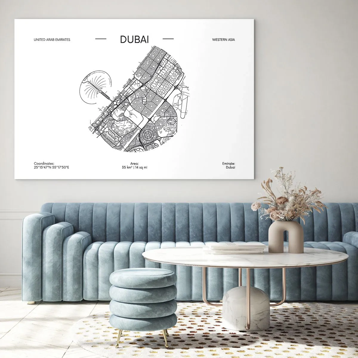 Impression sur verre - Image sur verre - Une carte minimaliste de Dubaï en noir et blanc. - 120x80cm - Anatomie de Dubaï - Décoration murale moderne pour le salon et la chambre ARTTOR