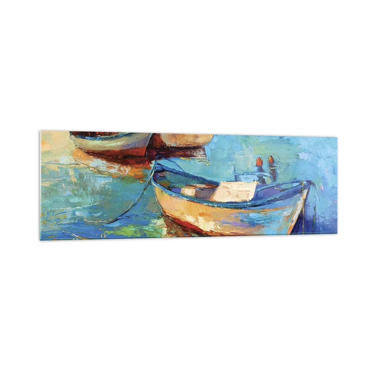 Impression sur verre - Image sur verre - Bateaux colorés amarrés sur une eau calme - 160x50cm - Dans la baie du sud - Décoration murale moderne pour le salon et la chambre ARTTOR