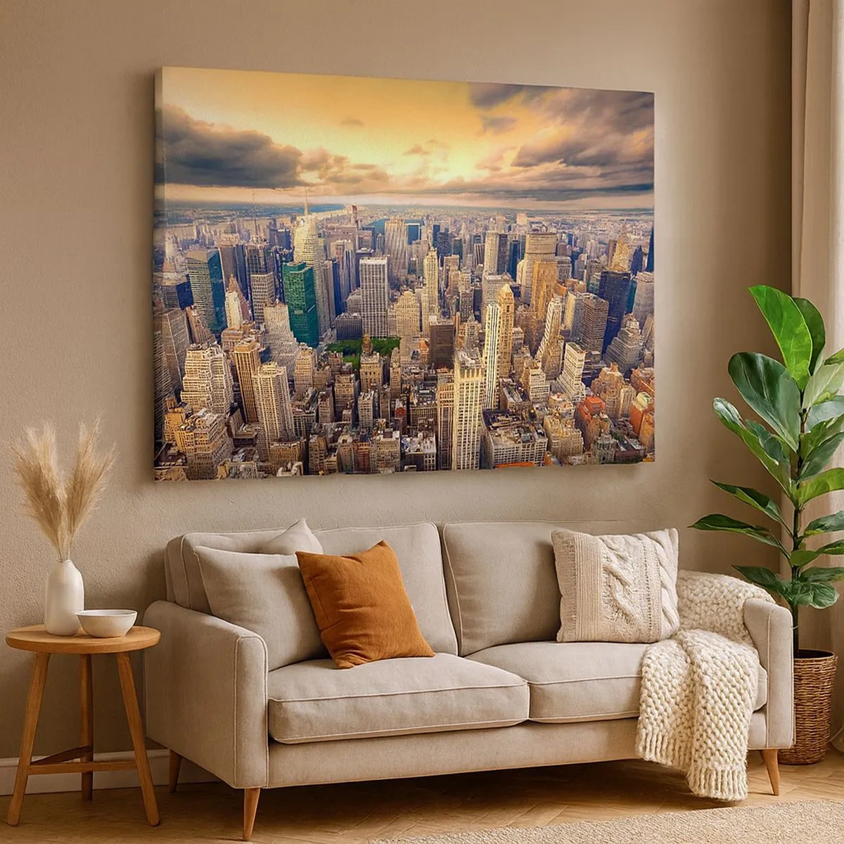 Impression sur toile - Image sur toile - Panorama de la ville avec vue sur les gratte-ciels au coucher du soleil - 70x50cm - Métropole dorée - Décoration murale moderne pour le salon et la chambre ARTTOR