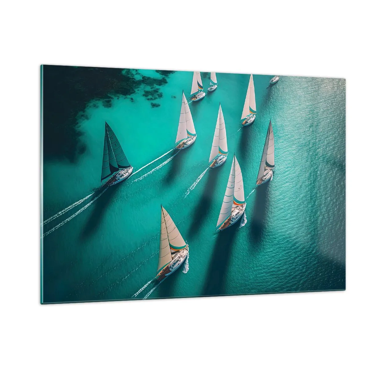 Impression sur verre - Image sur verre - Voiliers sur une eau turquoise capturés à vol d'oiseau - 120x80cm - Dans une compétition avec le vent - Décoration murale moderne pour le salon et la chambre ARTTOR
