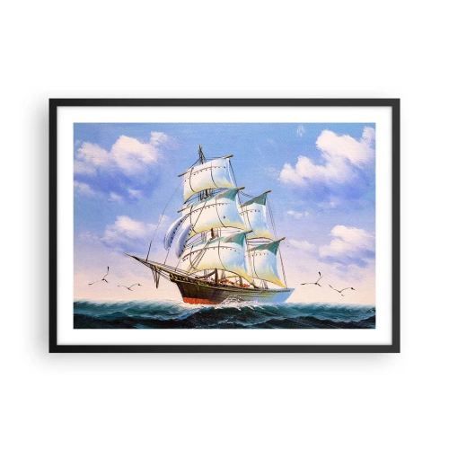 Affiche dans un cadre noir - Poster - Un voilier en pleine mer sous un ciel bleu - 70x50cm - Fièrement avec le vent - Décoration murale moderne pour le salon et la chambre ARTTOR