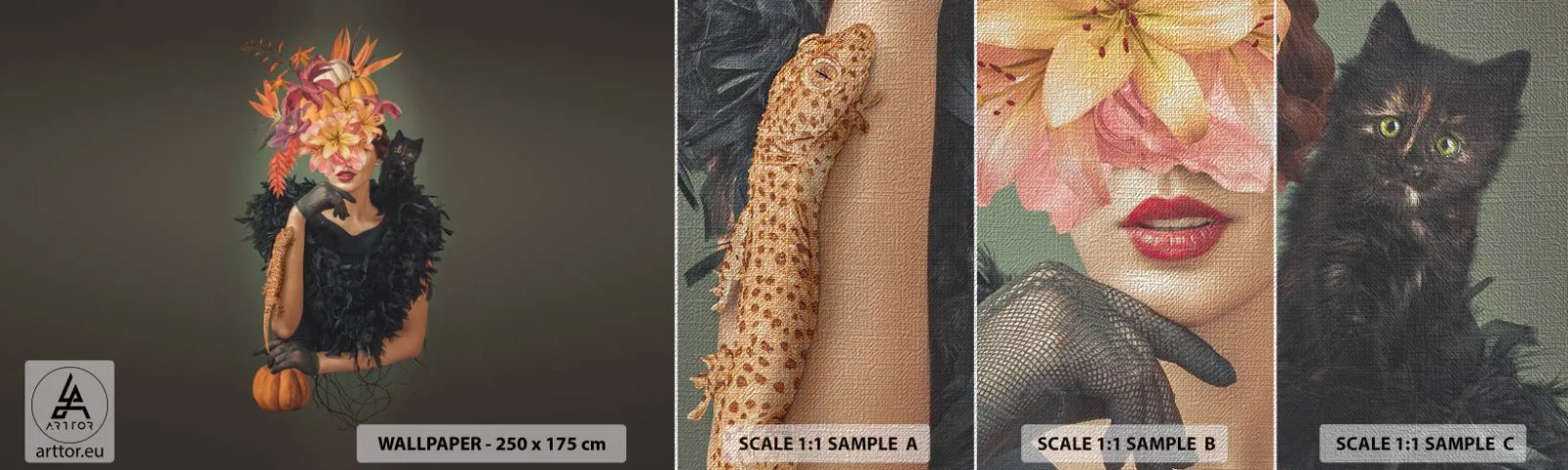 Échantillon de Papier Peint Premium Canvas - Sort de sorcière - Abstraction, Femme, Fleurs - 100x30 cm