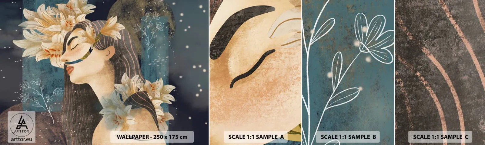 Échantillon de Papier Peint Autocollant Deluxe Sticker - Conte de fée sur la princesse lilas - Abstraction, Femme, Fleurs - 100x30 cm