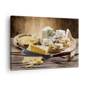 Impression sur toile - Image sur toile - Un plateau de fromages avec différents types sur une table en bois - 70x50cm - Sourire au fromage - Décoration murale moderne pour le salon et la chambre ARTTOR