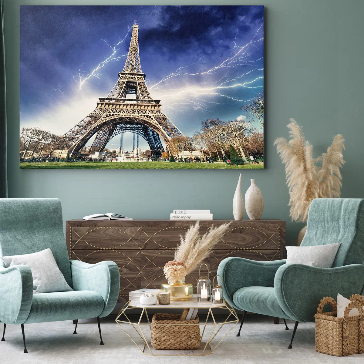 Impression sur toile - Image sur toile - La Tour Eiffel avec un ciel orageux et des éclairs en arrière-plan - 120x80cm - Maître des tempêtes - Décoration murale moderne pour le salon et la chambre ARTTOR
