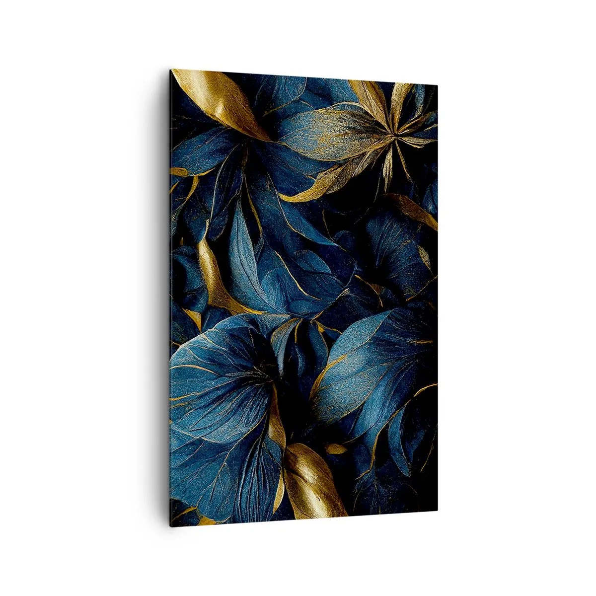 Impression sur toile - Image sur toile - Feuilles élégantes dans des tons dorés et bleu marine - 80x120cm - Des dessous dorés - Décoration murale moderne pour le salon et la chambre ARTTOR