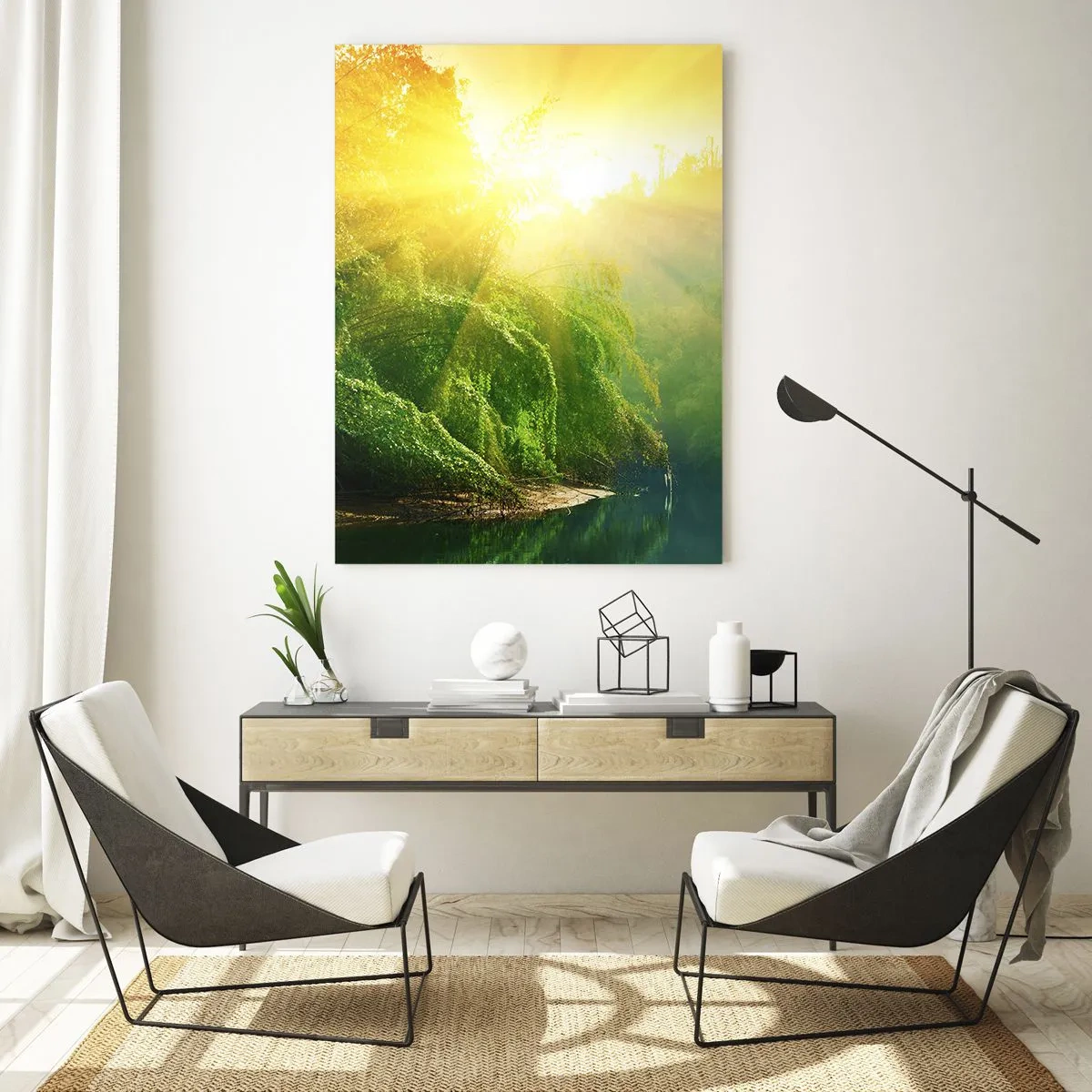 Impression sur verre - Image sur verre - Une forêt verte au bord de la rivière, illuminée par les rayons du soleil levant - 70x100cm - Se noyer au soleil et à l'ombre - Décoration murale moderne pour le salon et la chambre ARTTOR