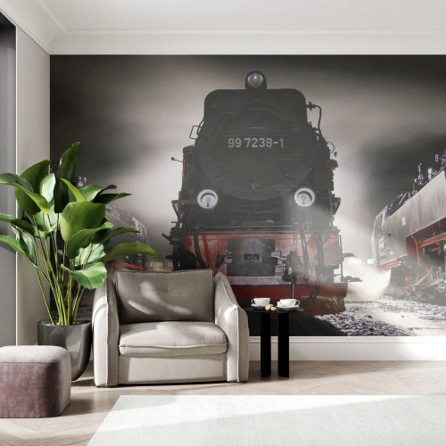 Papier Peint Photo Premium Sand - Il se lève et siffle, halète et souffle - Locomotive à vapeur, Gare, Automobile - 450x315 cm