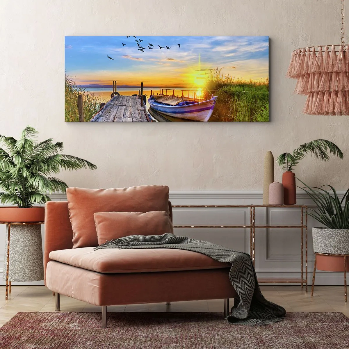 Impression sur toile - Image sur toile - Un bateau sur une jetée en bois au coucher du soleil - 160x50cm - Au revoir, à demain - Décoration murale moderne pour le salon et la chambre ARTTOR