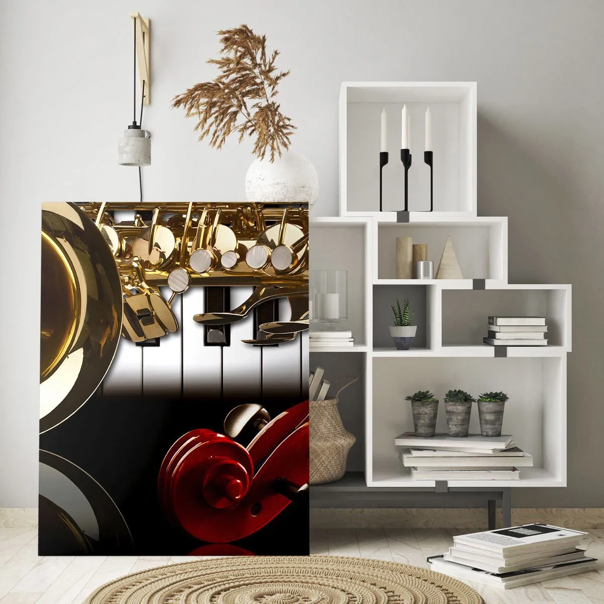 Impression sur verre - Image sur verre - Saxophone, clavier et archet dans une composition artistique - 50x70cm - Tôle, bois et ivoire - Décoration murale moderne pour le salon et la chambre ARTTOR