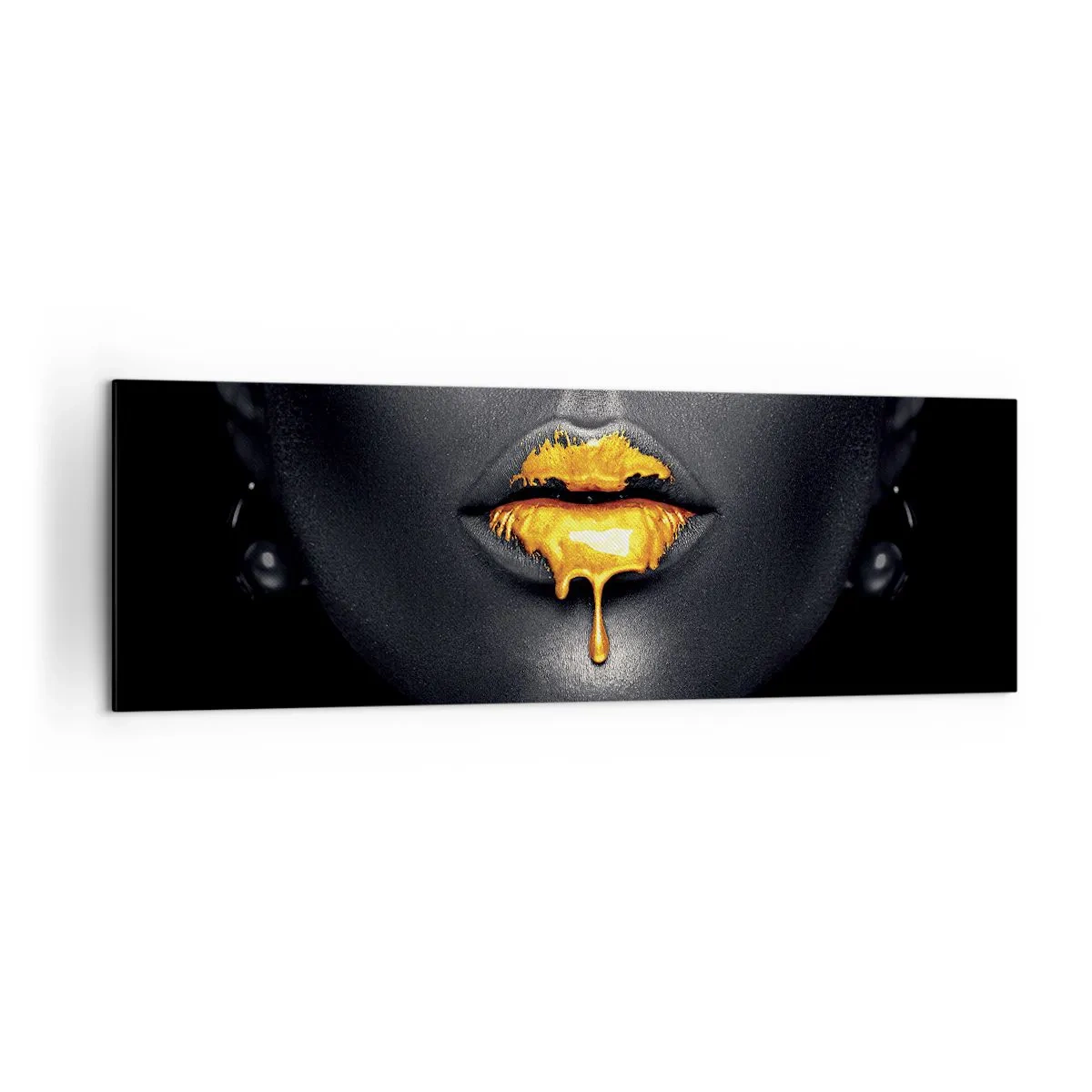 Impression sur toile - Image sur toile - Portrait noir et or d'une femme avec une goutte d'or sur les lèvres - 160x50cm - Bouche d'or - Décoration murale moderne pour le salon et la chambre ARTTOR
