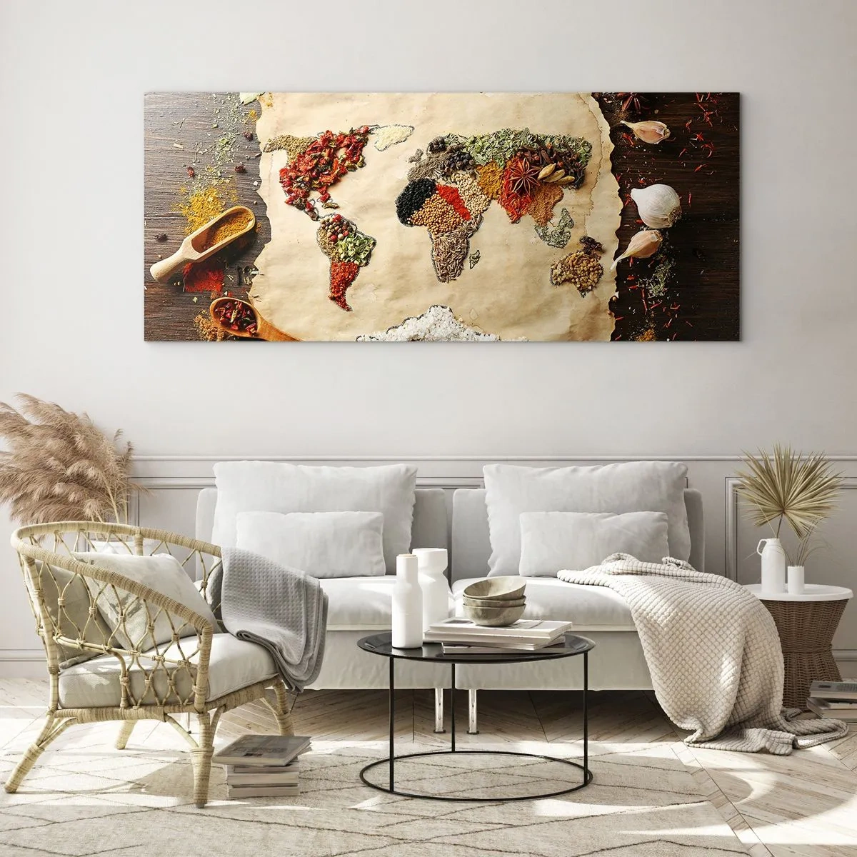 Impression sur verre - Image sur verre - Une carte du monde faite d'épices sur un fond en bois. - 120x50cm - Toutes les saveurs du monde - Décoration murale moderne pour le salon et la chambre ARTTOR