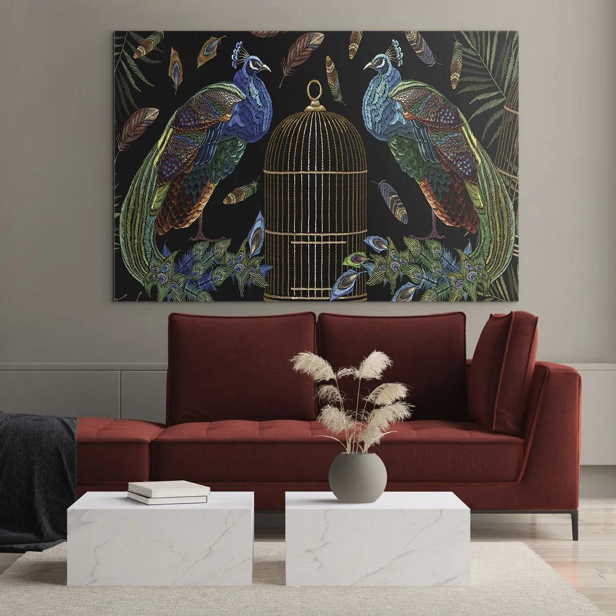 Impression sur verre - Image sur verre - Paons colorés et une cage sur fond noir - 100x70cm - En robes royales - Décoration murale moderne pour le salon et la chambre ARTTOR