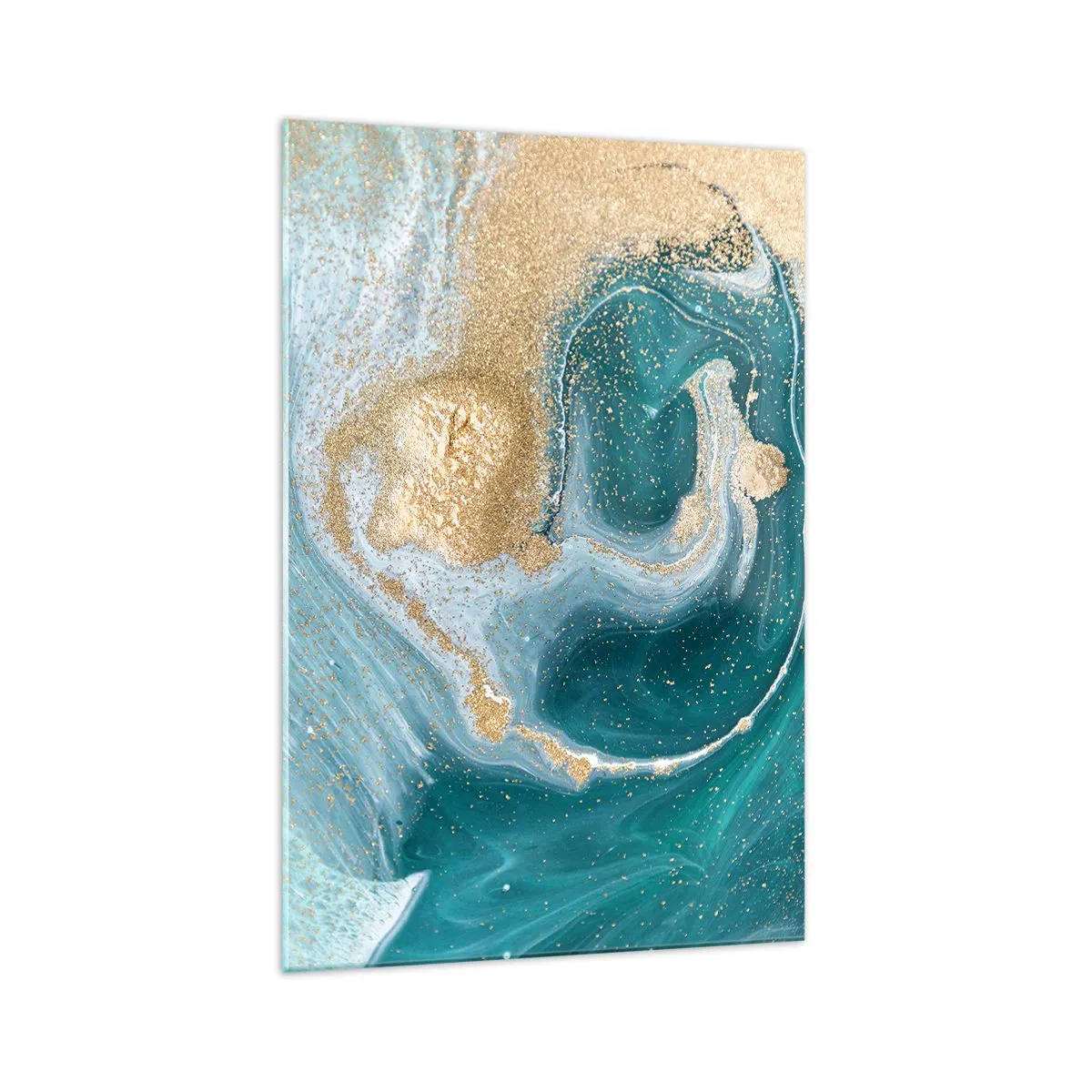 Impression sur verre - Image sur verre - Tourbillon abstrait dans les tons turquoise et or - 70x100cm - Tourbillon d'or et de turquoise - Décoration murale moderne pour le salon et la chambre ARTTOR
