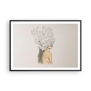 Affiche dans un cadre noir - Poster - Portrait d'une femme avec décoration de plumes dans un style artistique - 100x70cm - Beauté couronnée - Décoration murale moderne pour le salon et la chambre ARTTOR