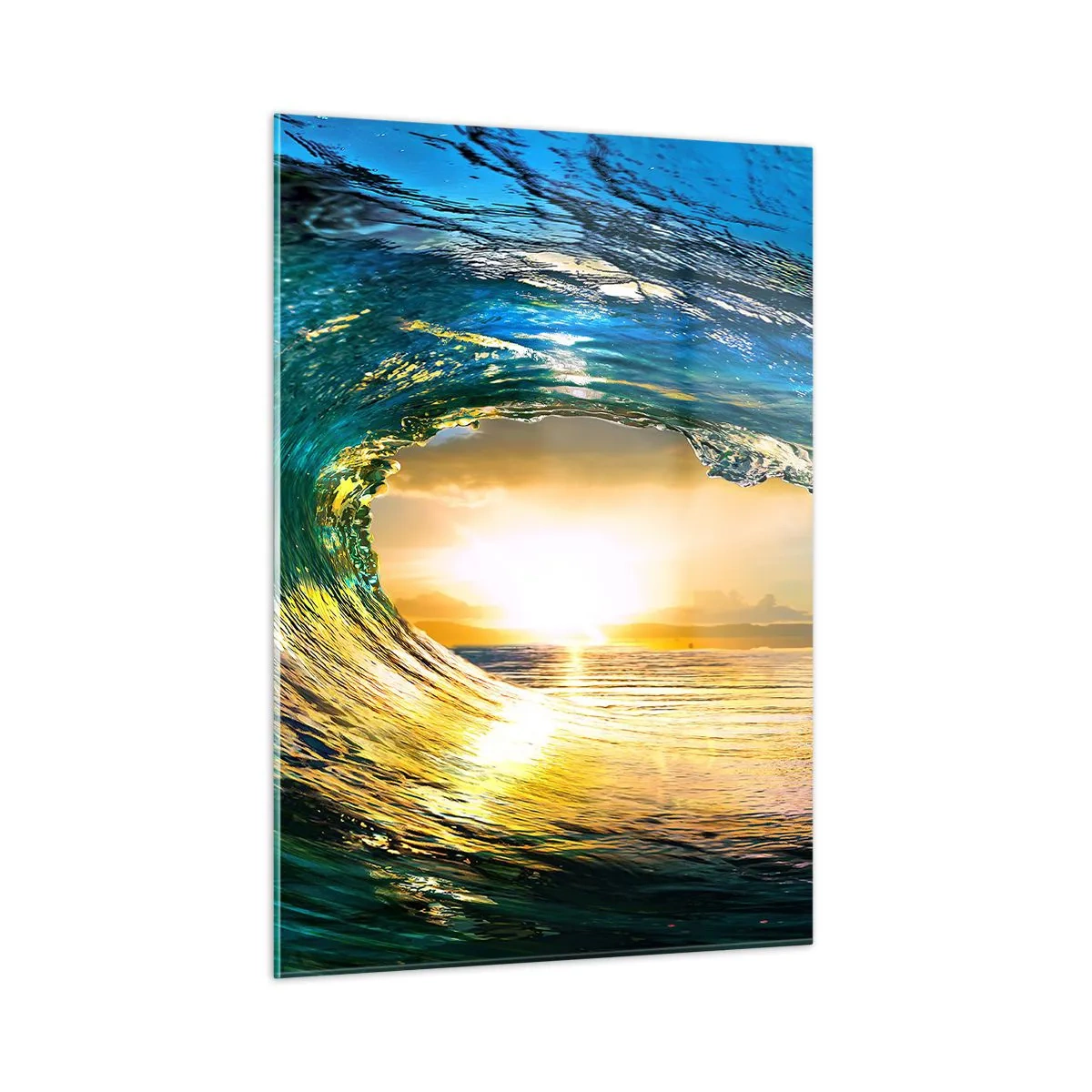 Impression sur verre - Image sur verre - Une vague de l'océan capturée dans la lumière du soleil couchant - 50x70cm - Dans un éclat émeraude-or - Décoration murale moderne pour le salon et la chambre ARTTOR