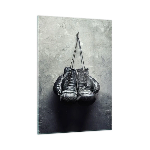 Impression sur verre - Image sur verre - Gants de boxe noirs accrochés au mur - 50x70cm - Un temps pour se battre et un temps pour la paix - Décoration murale moderne pour le salon et la chambre ARTTOR