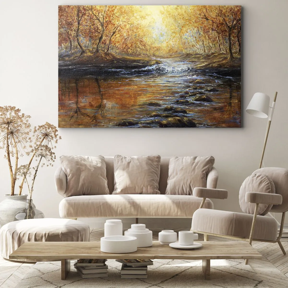 Impression sur toile - Image sur toile - Paysage d'automne avec une rivière parmi les arbres - 120x80cm - Le ruisseau d'or - Décoration murale moderne pour le salon et la chambre ARTTOR