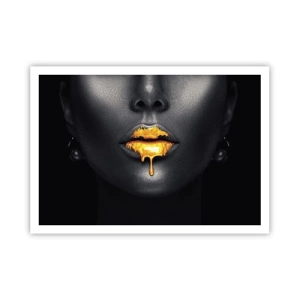 Affiche - Poster - Portrait noir et or d'une femme avec une goutte d'or sur les lèvres - 100x70cm - Bouche d'or - Décoration murale moderne pour le salon et la chambre ARTTOR
