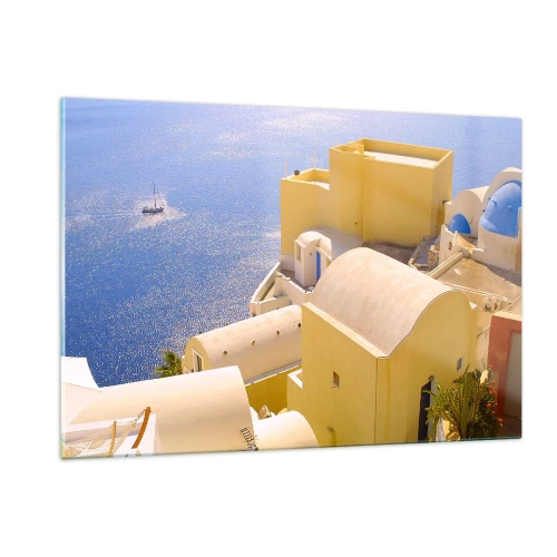 Impression sur verre - Image sur verre - Vue de Santorin avec la mer bleue et les bâtiments blancs - 120x80cm - Paysage grec en blanc et bleu ciel - Décoration murale moderne pour le salon et la chambre ARTTOR
