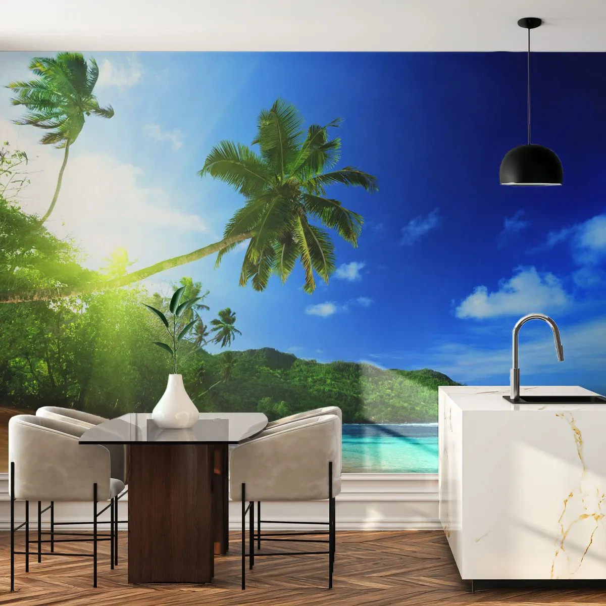 Papier Peint Photo Standard Eco - Une plage exotique avec des palmiers et une mer turquoise - 100x70cm - La douceur des tropiques - Décoration murale moderne pour le salon et la chambre ARTTOR