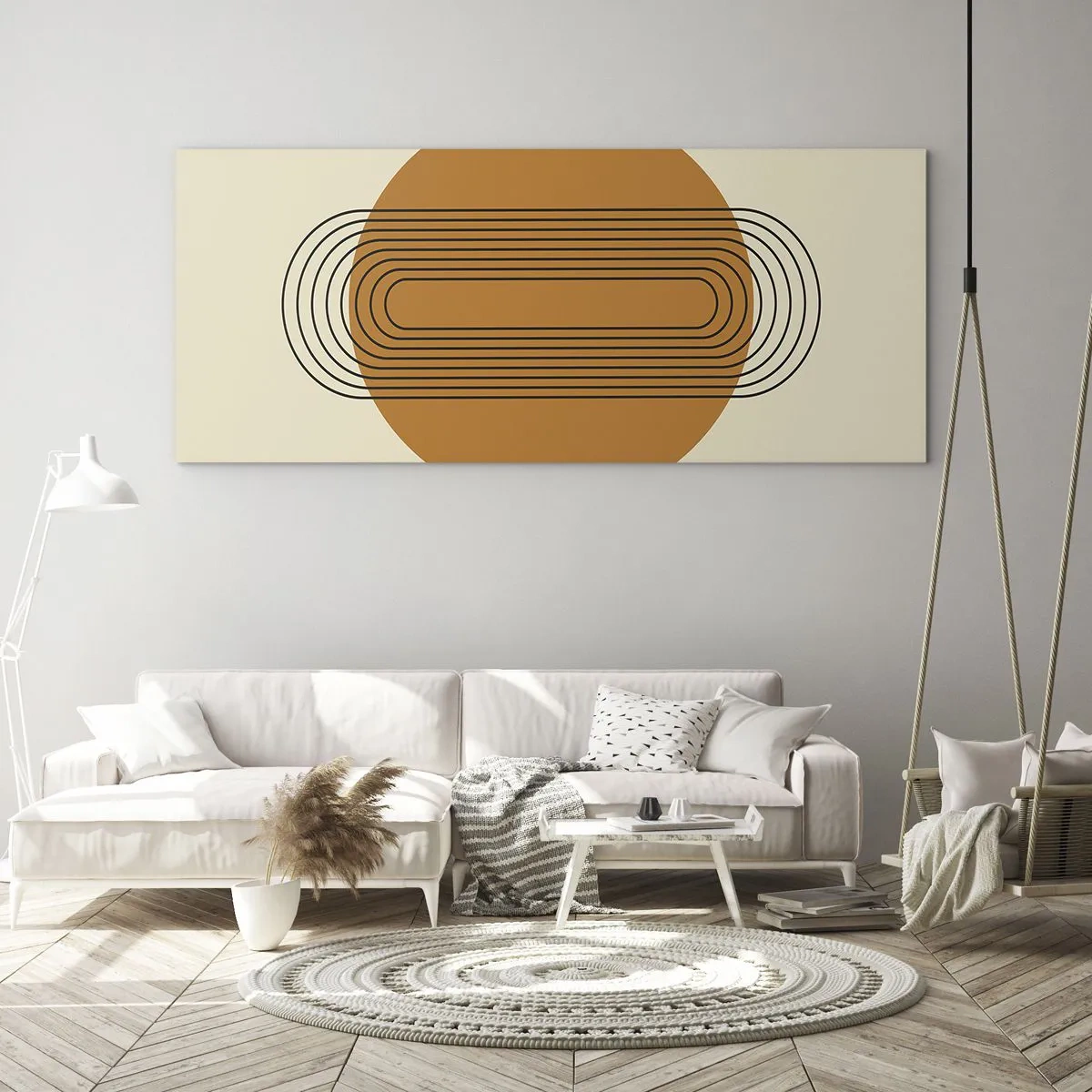 Impression sur verre - Image sur verre - Motif géométrique avec des cercles et des lignes orange - 120x50cm - Plan idéal - Décoration murale moderne pour le salon et la chambre ARTTOR