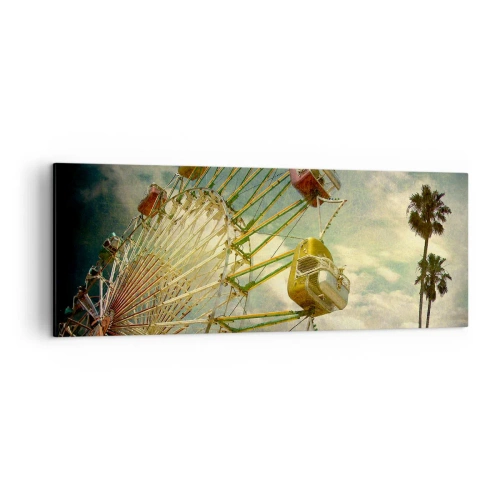 Impression sur toile - Image sur toile - Photo rétro d'une grande roue avec des palmiers contre le ciel - 140x50cm - On va faire la fête - Décoration murale moderne pour le salon et la chambre ARTTOR