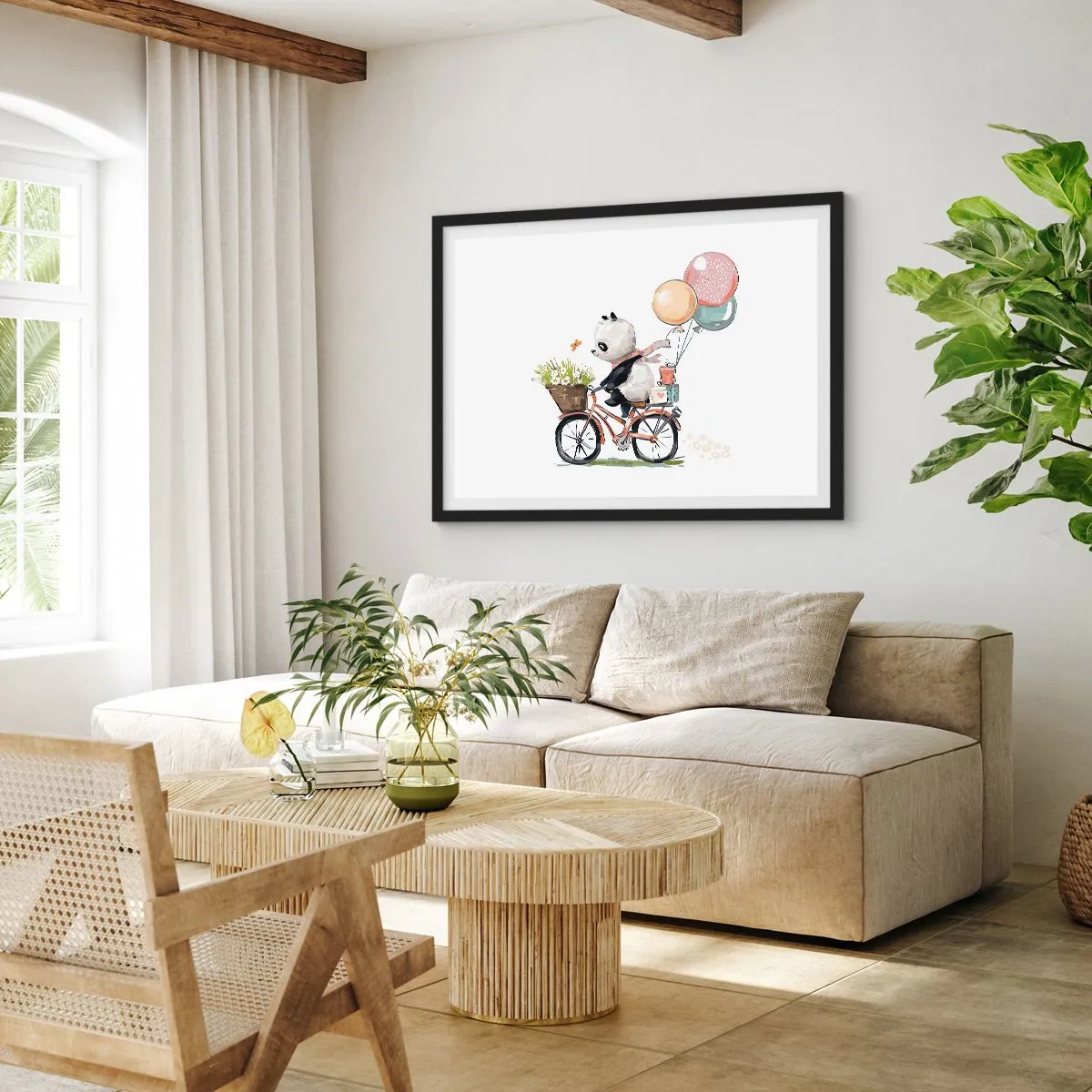 Affiche dans un cadre noir - Poster - Panda sur un vélo avec des ballons et des fleurs - 70x50cm - Jour de chance - Décoration murale moderne pour le salon et la chambre ARTTOR