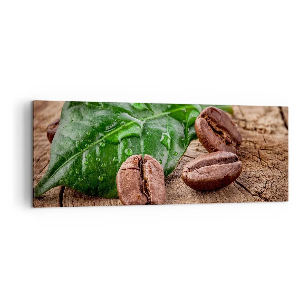 Impression sur toile - Image sur toile - Grains de café et feuille verte sur fond de bois - 140x50cm - La plus vraie et noire - Décoration murale moderne pour le salon et la chambre ARTTOR