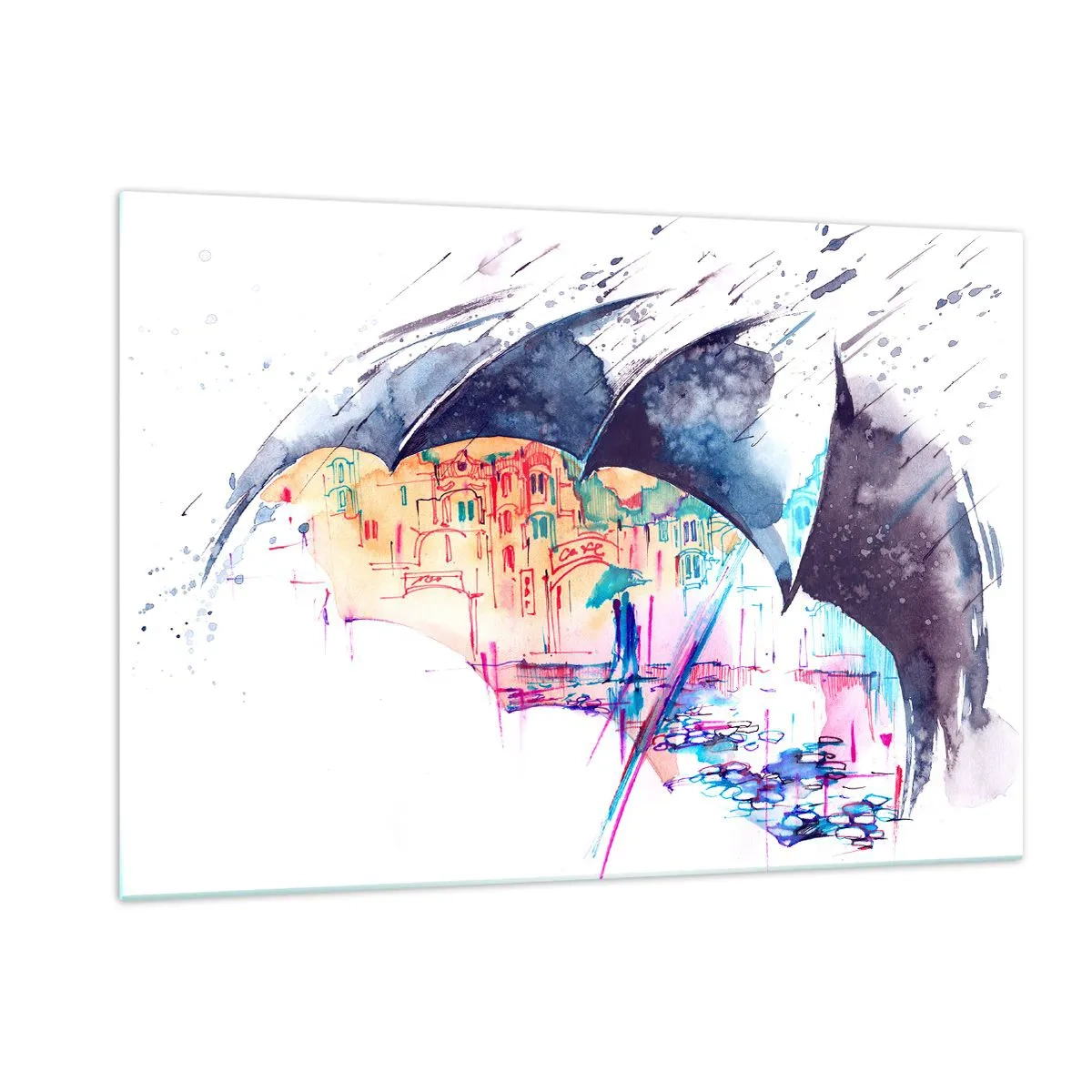Impression sur verre - Image sur verre - Une ville colorée en arrière-plan sous un parapluie noir - 120x80cm - Se promener sous la pluie - Décoration murale moderne pour le salon et la chambre ARTTOR