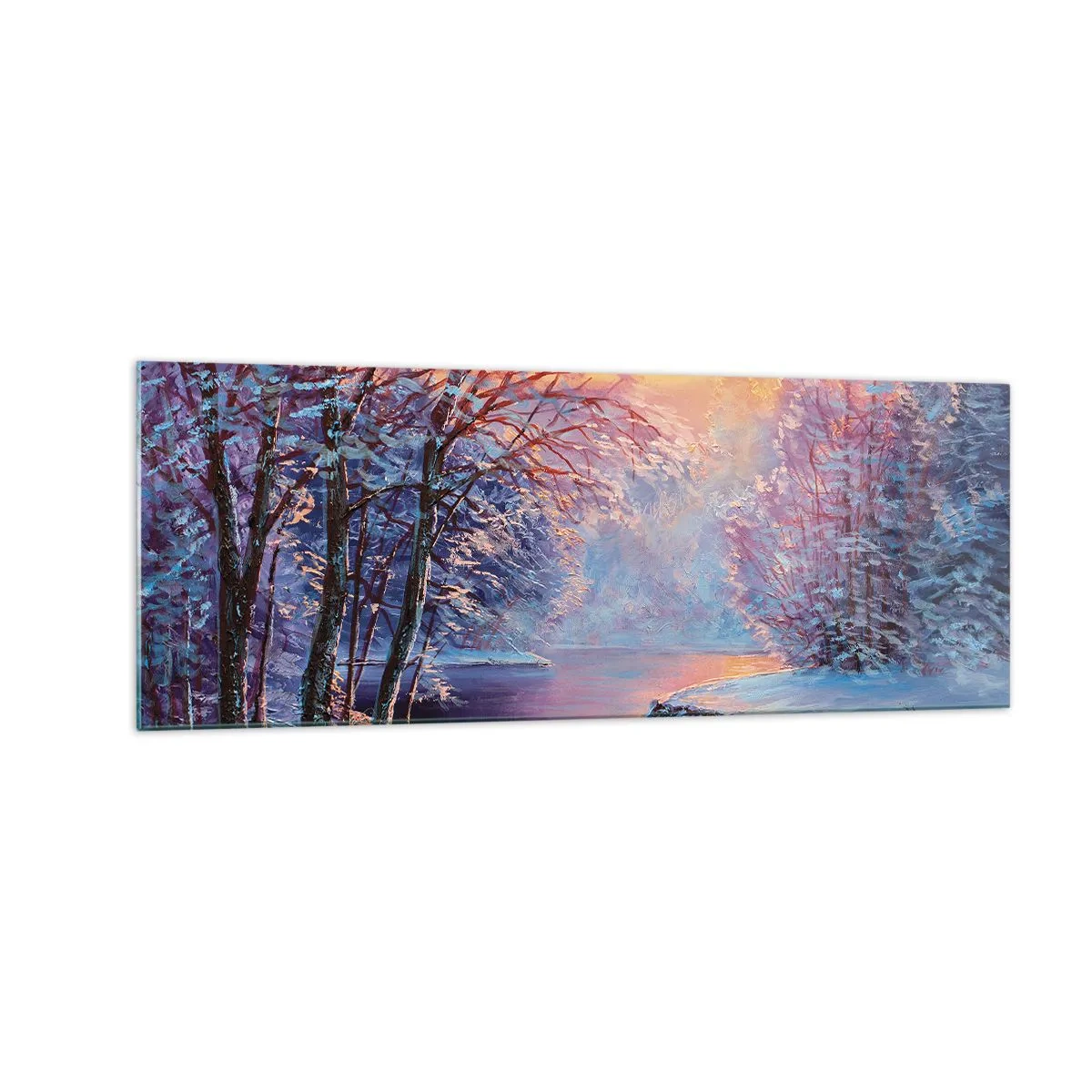 Impression sur verre - Image sur verre - Paysage d'hiver avec rivière et arbres au lever du soleil - 140x50cm - Couleurs d'hiver - Décoration murale moderne pour le salon et la chambre ARTTOR