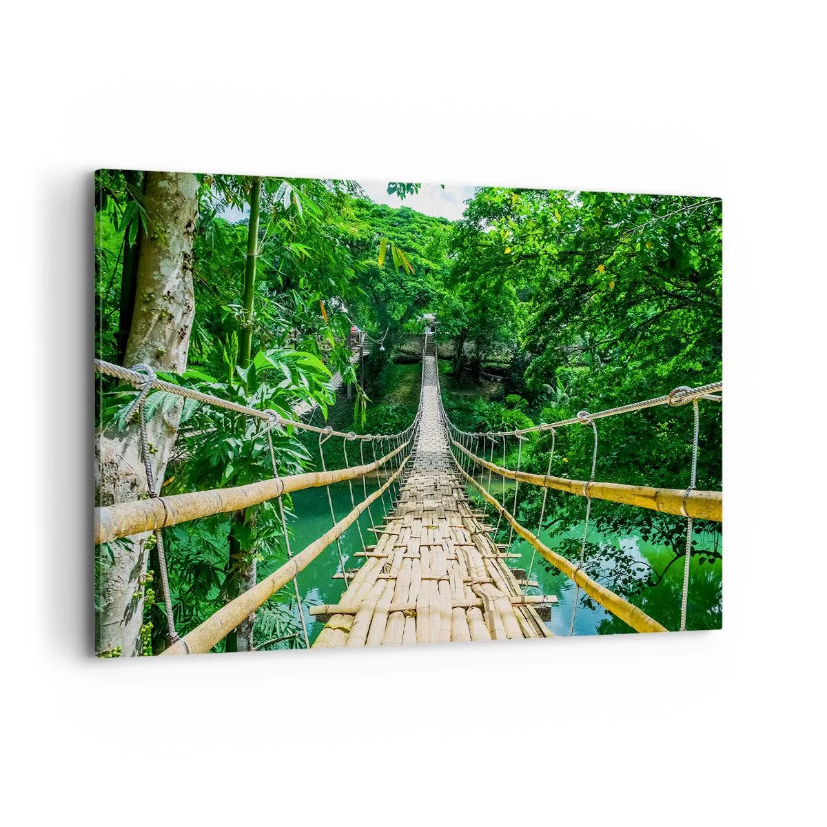Impression sur toile - Image sur toile - Un pont suspendu en bambou entouré de verdure - 100x70cm - Pont de singe en pleine nature - Décoration murale moderne pour le salon et la chambre ARTTOR