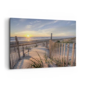 Impression sur toile - Image sur toile - Plage au coucher du soleil avec clôture en bois - 120x80cm - Ombre et brillance du vent - Décoration murale moderne pour le salon et la chambre ARTTOR