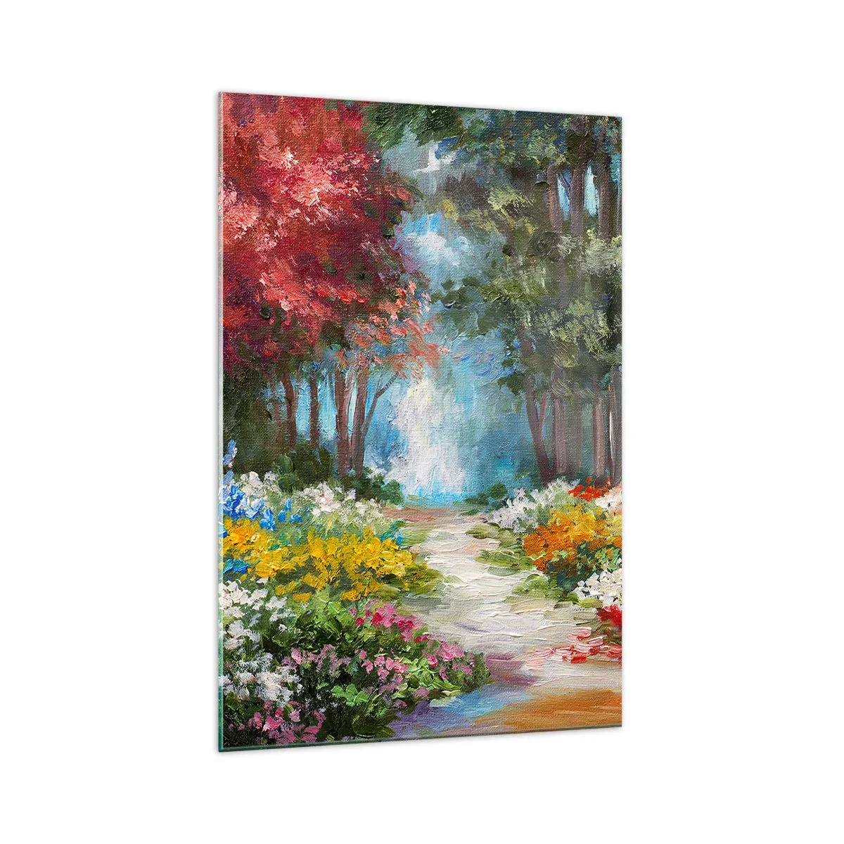 Impression sur verre - Image sur verre - Un jardin pittoresque rempli de fleurs et d'arbres colorés dans un cadre forestier - 70x100cm - Jardin forestier, forêt de fleurs - Décoration murale moderne pour le salon et la chambre ARTTOR