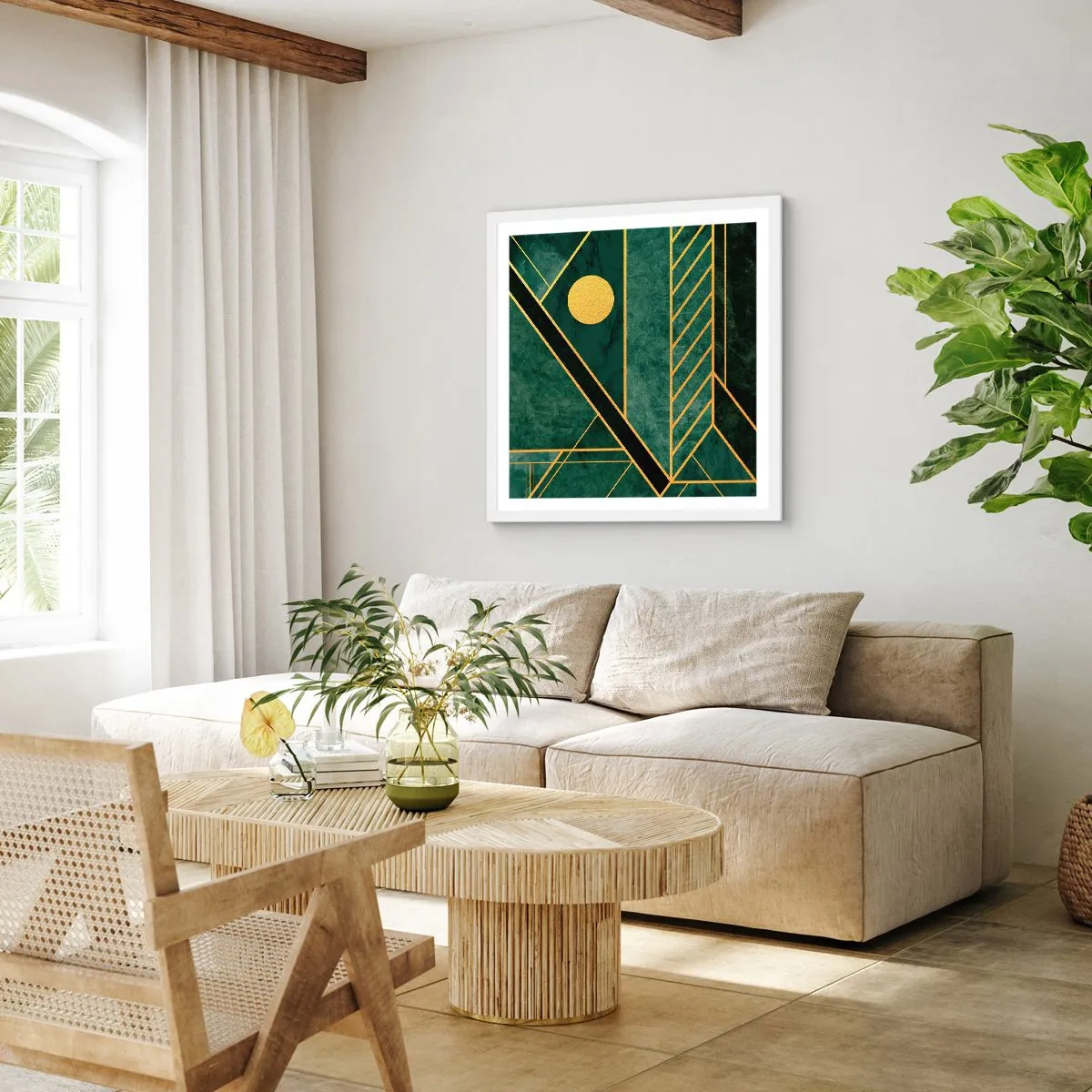 Affiche dans un cadre blanc - Poster - Dynamique or et azur - 30x30 cm